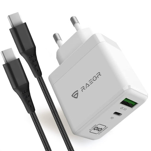 RAEGR RapidLink 1150 65W PD+QC GaN Adapter with Included 60W USB Type-C to C Braided Cable
