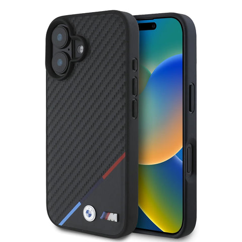 BMW iPhone 16 Plus Case [Official Licensed] By CG Mobile Mag-Safe Compatible| PU Carbon Tricolor Line with Metal Logos