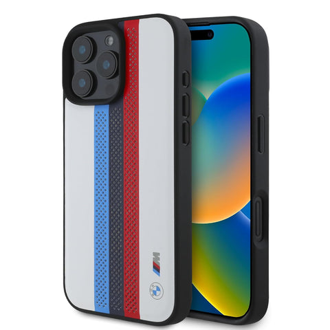 CG MOBILE BMW iPhone 16 Pro Max Case [Official Licensed] Mag-Safe Compatible|PU Leather Case Tricolor Stripes with Printed Logos