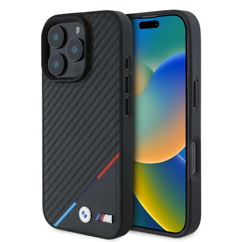 BMW iPhone 16 Pro  Case [Official Licensed] By CG MOBILE M Collection Mag-Safe Compatible | PU Carbon Tricolor Stripes with Metal Logos