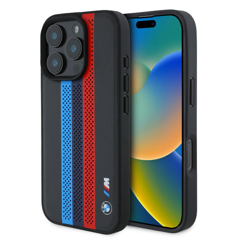 BMW iPhone 16 Pro  Case [Official Licensed] By CG MOBILE M Collection Mag-Safe Compatible | PU Carbon Tricolor Stripes with Metal Logos