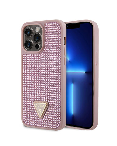 GUESS iPhone 15 Pro Max Case [Official Licensed] by CG Mobile | Rhinestones Hard Case with A Triangle Metal Patch Logo
