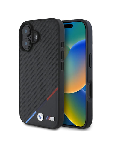 BMW iPhone 16 Plus Case [Official Licensed] By CG Mobile Mag-Safe Compatible| PU Carbon Tricolor Line with Metal Logos