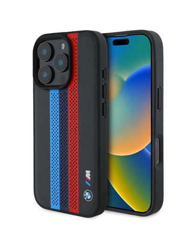 BMW iPhone 16 Case [Official Licensed] By CG MOBILE M Collection Mag-Safe Compatible | PU Carbon Tricolor Stripes