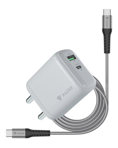RAEGR RapidLink 1150 65W PD+QC GaN Adapter with Included 60W USB Type-C to C Braided Cable