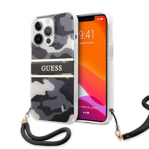 Guess iPhone 13 Pro Max Case [Official Licensed] by CG Mobile Camo Stripe with Nylon Strap
