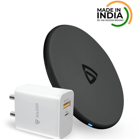 RAEGR Arc 400 Pro Qi Certified Charging Pad 15w [20wPD + 18W QC Adapter] With 2 Type-C Cables [MADE IN INDIA]